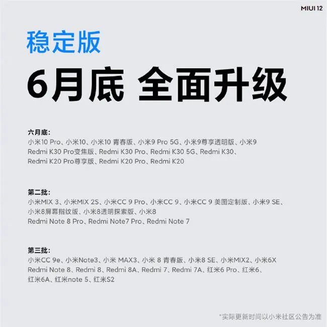MIUI12稳定版推送更新时间